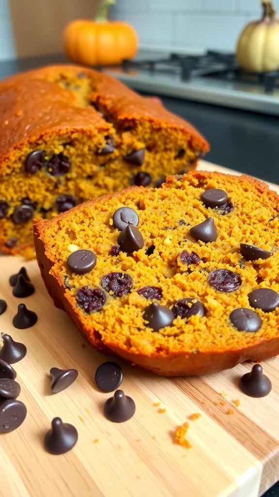 Sliced pumpkin chocolate chip bread on a cutting board, showcasing its rich texture and chocolate chips.